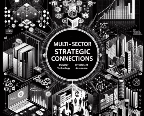 Conexiones estratégicas multisectoriales: industrial, inversiones y tecnología. Colores negro y blanco, coherencia visual con página web con logo blanco y fondo negro.