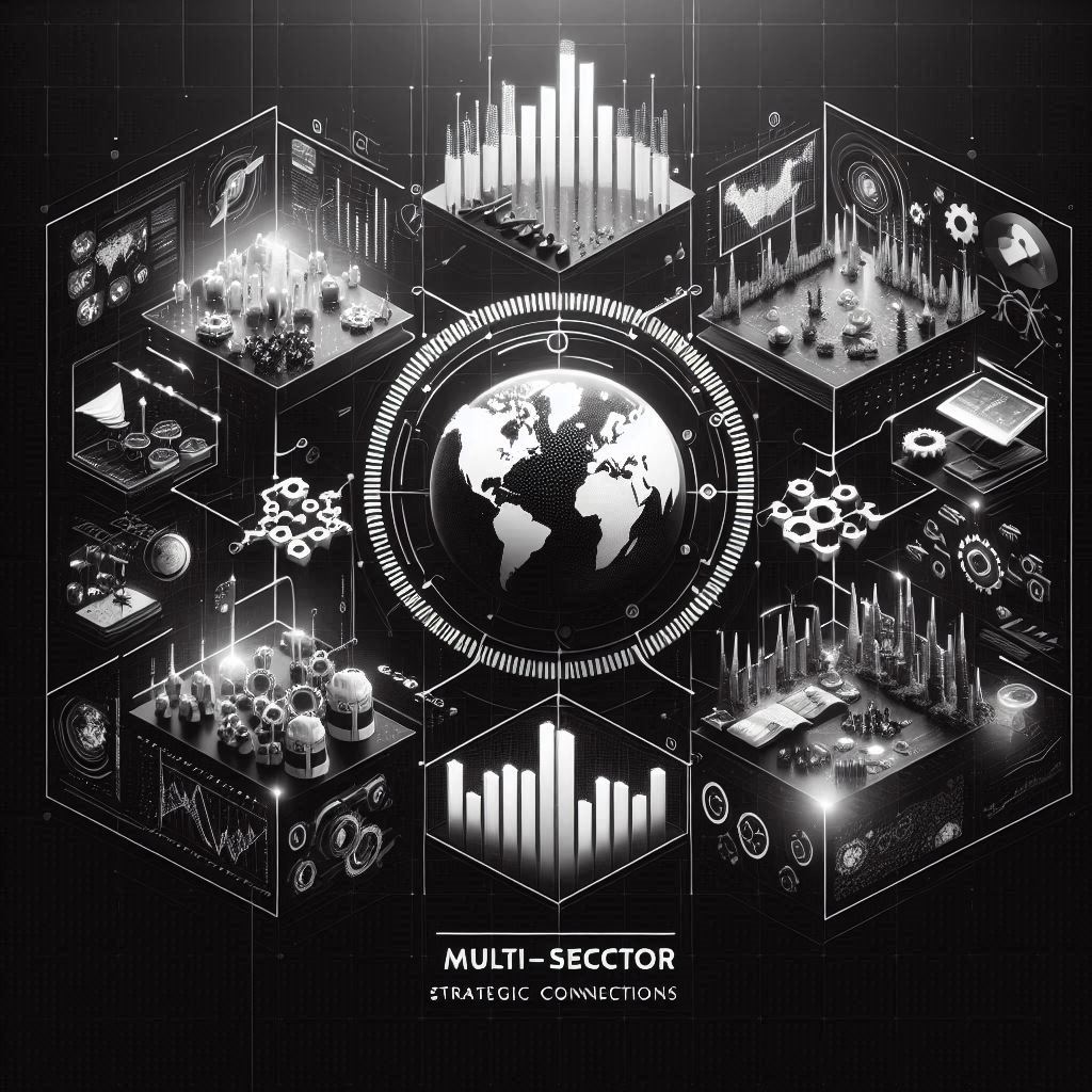 Imagen que representa las conexiones estratégicas multisectoriales. Se juega con colores negro y blanco, siguiendo coherencia visual con página web así como con el logo blanco y fondo negro.